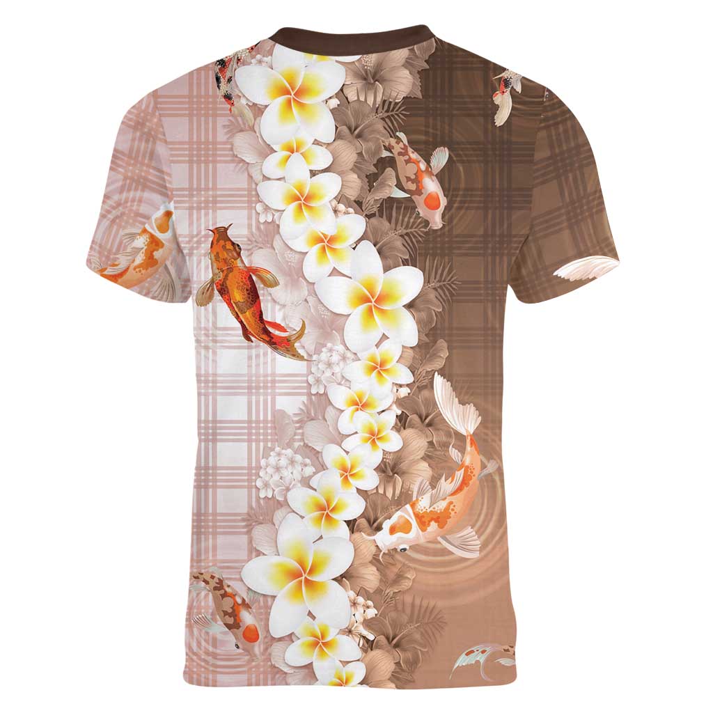 Hawaii And Japan Women V-Neck T-Shirt Plumeria Lei With Koi Fish Beige LT05 - Polynesian Pride