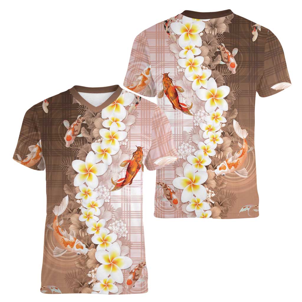 Hawaii And Japan Women V-Neck T-Shirt Plumeria Lei With Koi Fish Beige LT05 - Polynesian Pride
