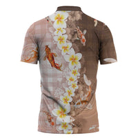 Hawaii And Japan Zipper Polo Shirt Plumeria Lei With Koi Fish Beige - Polynesian Pride