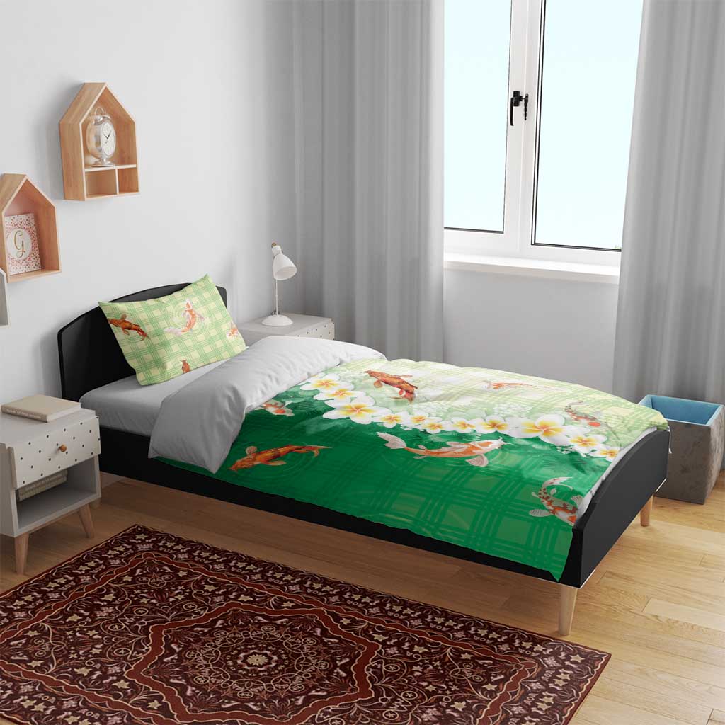Hawaii And Japan Bedding Set Plumeria Lei With Koi Fish Green - Polynesian Pride