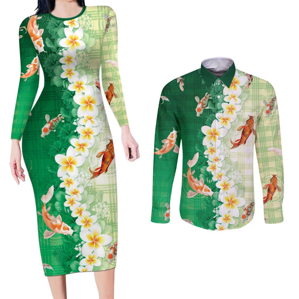 Hawaii And Japan Couples Matching Long Sleeve Bodycon Dress and Long Sleeve Button Shirt Plumeria Lei With Koi Fish Green LT05 Green - Polynesian Pride