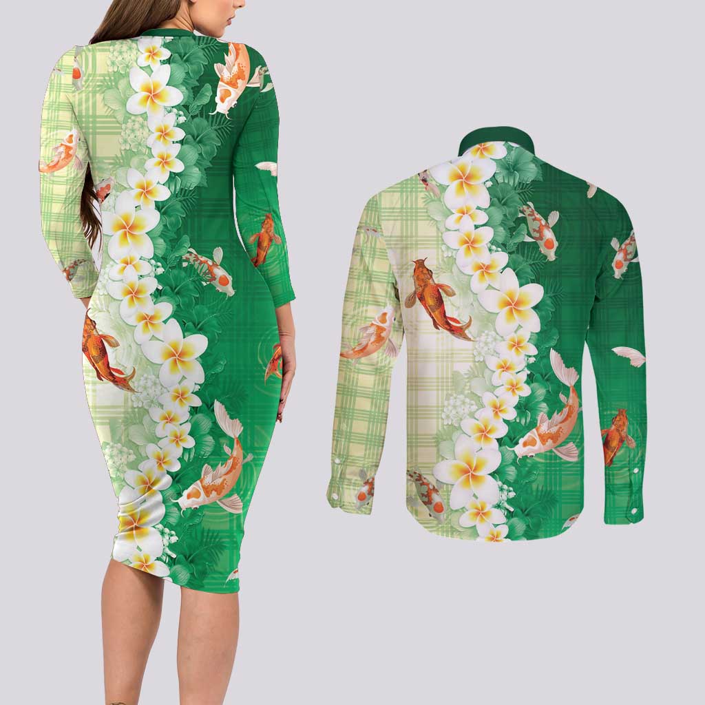 Hawaii And Japan Couples Matching Long Sleeve Bodycon Dress and Long Sleeve Button Shirt Plumeria Lei With Koi Fish Green LT05 - Polynesian Pride