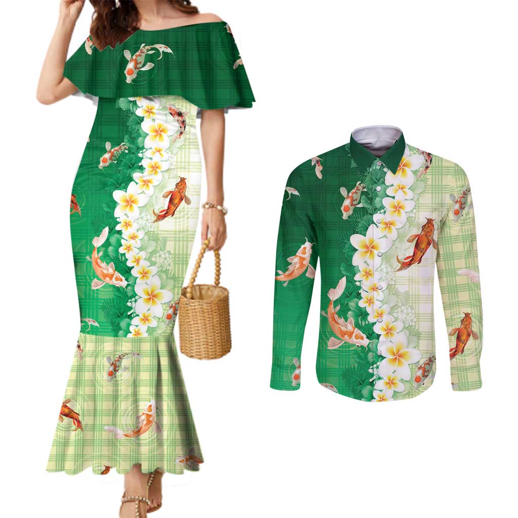 Hawaii And Japan Couples Matching Mermaid Dress and Long Sleeve Button Shirt Plumeria Lei With Koi Fish Green LT05 Green - Polynesian Pride