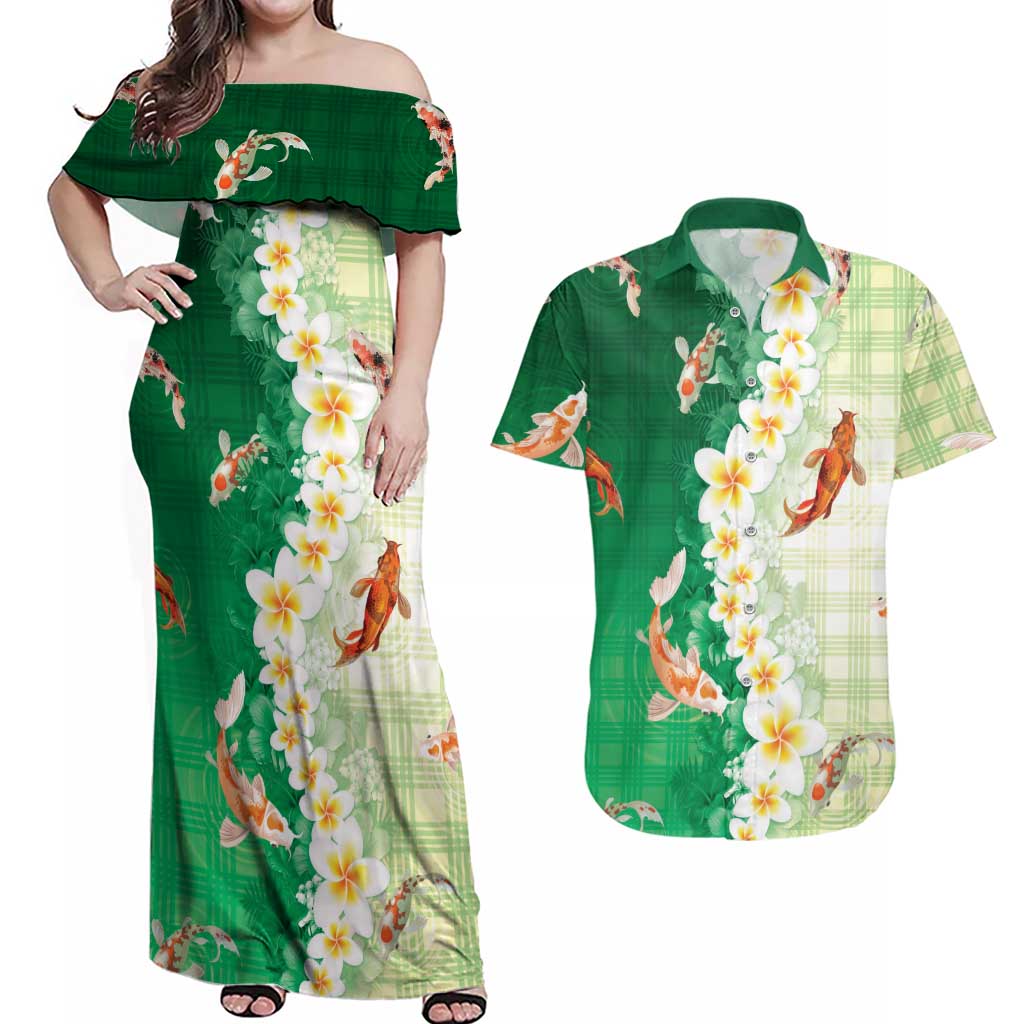 Hawaii And Japan Couples Matching Off Shoulder Maxi Dress and Hawaiian Shirt Plumeria Lei With Koi Fish Green LT05 Green - Polynesian Pride