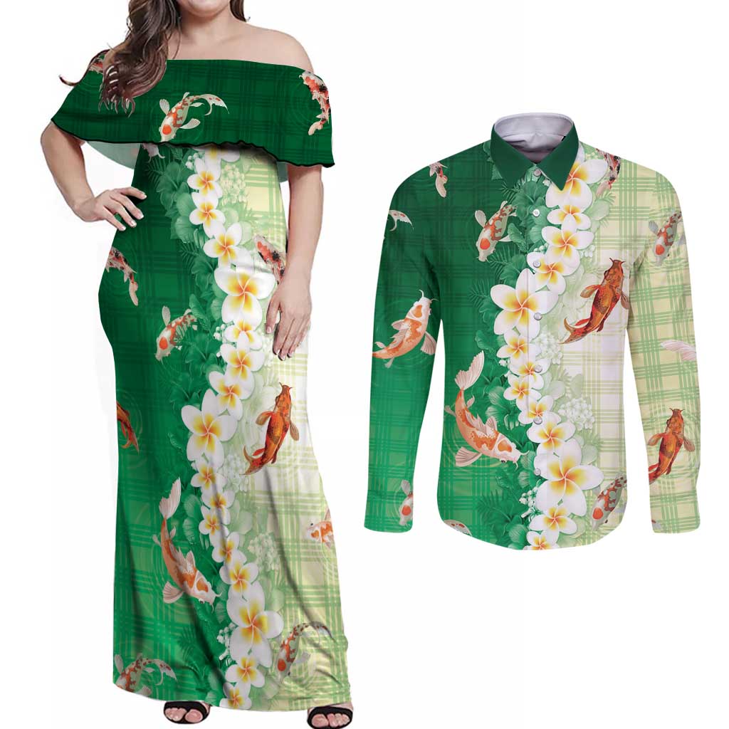 Hawaii And Japan Couples Matching Off Shoulder Maxi Dress and Long Sleeve Button Shirt Plumeria Lei With Koi Fish Green LT05 Green - Polynesian Pride