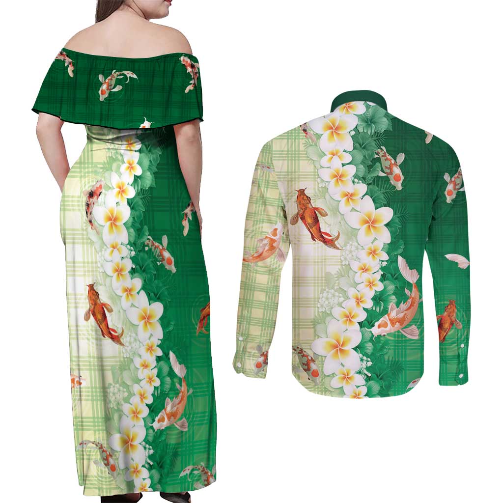 Hawaii And Japan Couples Matching Off Shoulder Maxi Dress and Long Sleeve Button Shirt Plumeria Lei With Koi Fish Green LT05 - Polynesian Pride