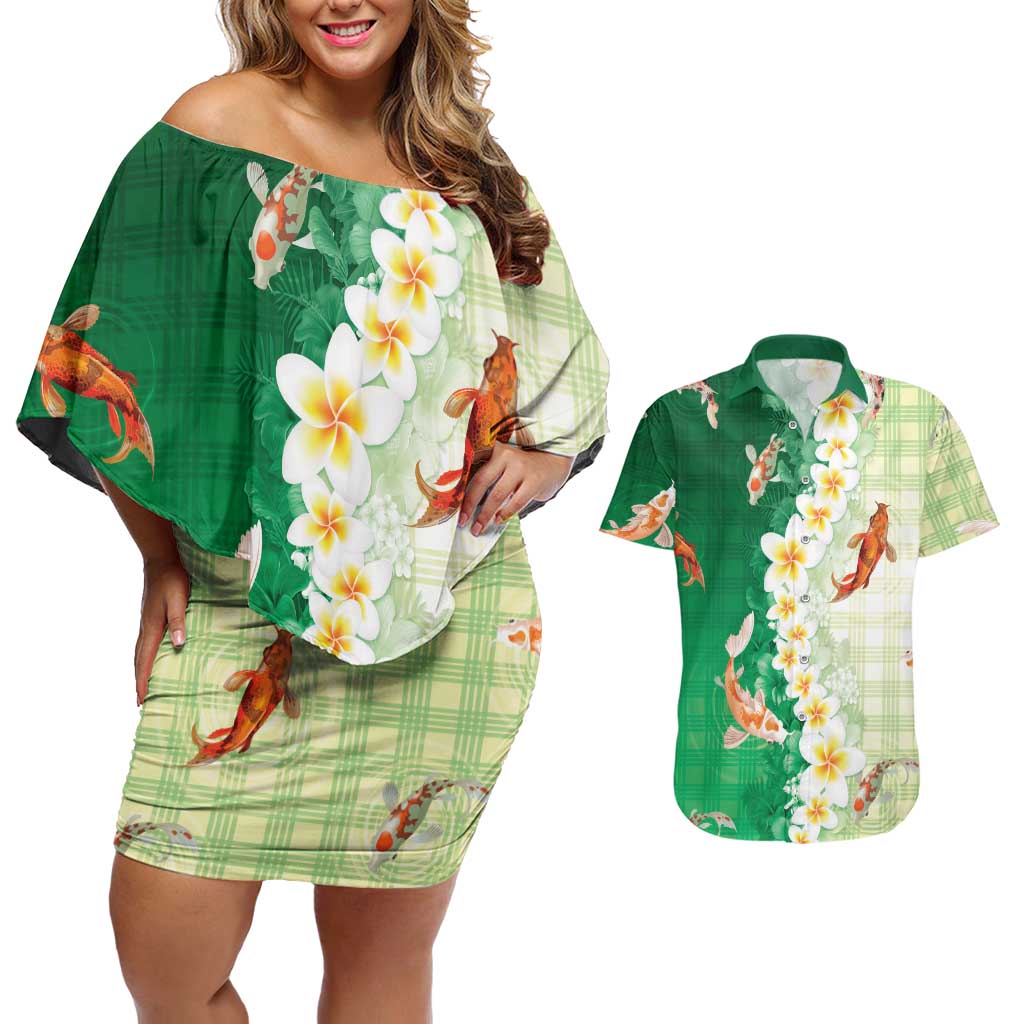 Hawaii And Japan Couples Matching Off Shoulder Short Dress and Hawaiian Shirt Plumeria Lei With Koi Fish Green LT05 Green - Polynesian Pride