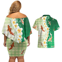 Hawaii And Japan Couples Matching Off Shoulder Short Dress and Hawaiian Shirt Plumeria Lei With Koi Fish Green LT05 - Polynesian Pride