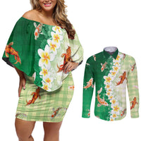 Hawaii And Japan Couples Matching Off Shoulder Short Dress and Long Sleeve Button Shirt Plumeria Lei With Koi Fish Green LT05 Green - Polynesian Pride