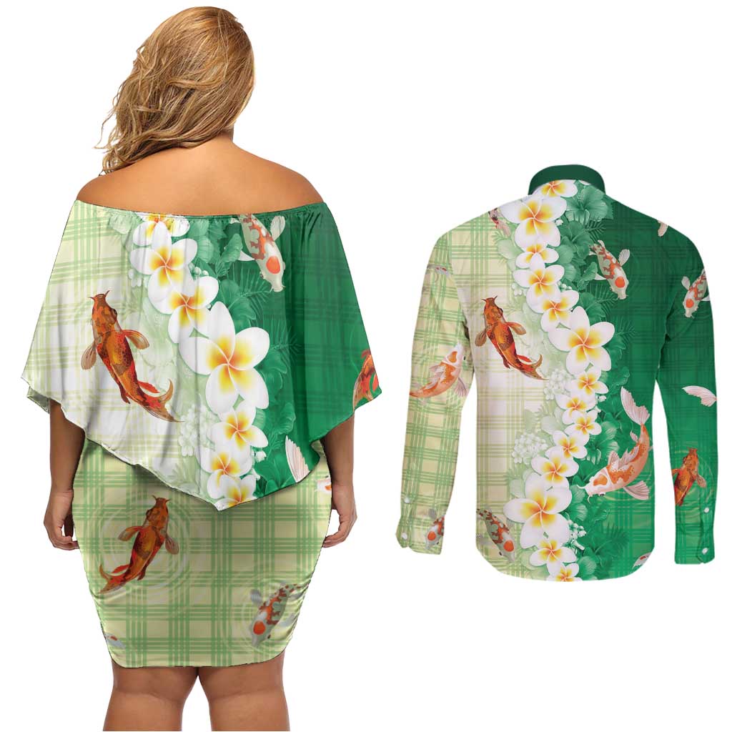Hawaii And Japan Couples Matching Off Shoulder Short Dress and Long Sleeve Button Shirt Plumeria Lei With Koi Fish Green LT05 - Polynesian Pride