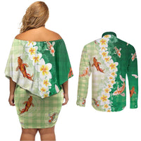 Hawaii And Japan Couples Matching Off Shoulder Short Dress and Long Sleeve Button Shirt Plumeria Lei With Koi Fish Green LT05 - Polynesian Pride