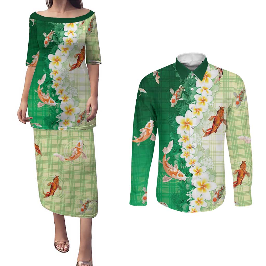 Hawaii And Japan Couples Matching Puletasi and Long Sleeve Button Shirt Plumeria Lei With Koi Fish Green - Polynesian Pride