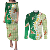 Hawaii And Japan Couples Matching Puletasi and Long Sleeve Button Shirt Plumeria Lei With Koi Fish Green LT05 Green - Polynesian Pride