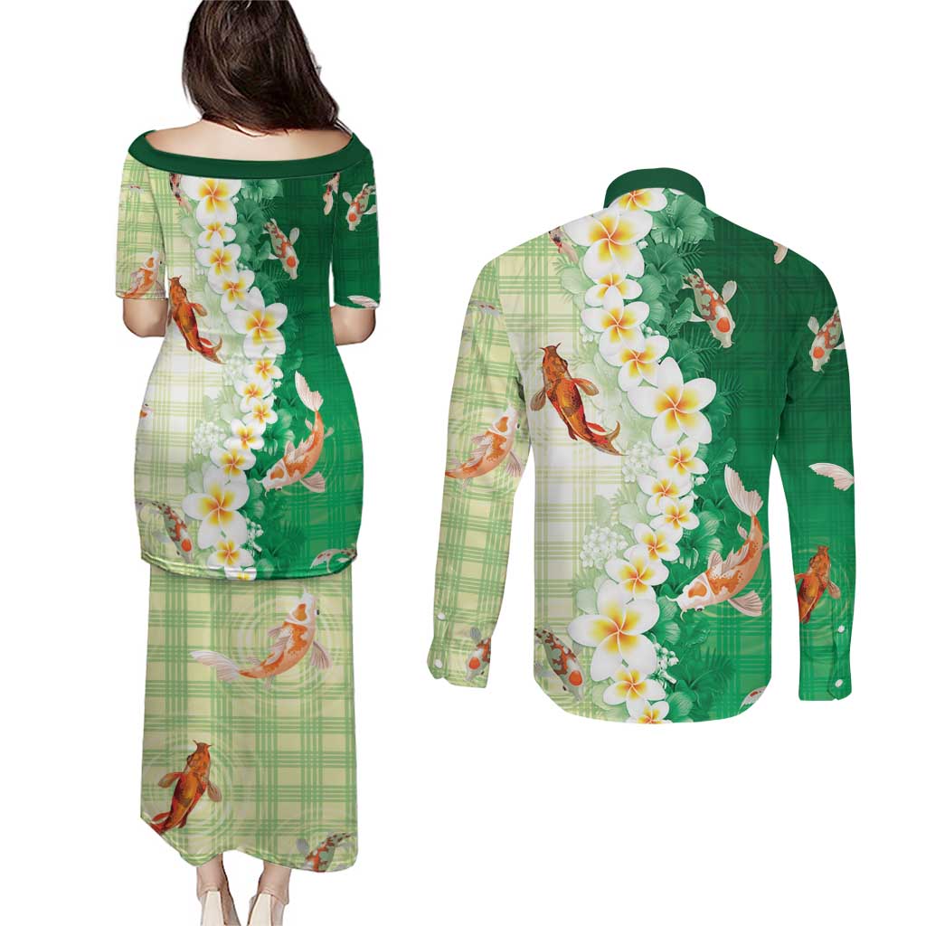 Hawaii And Japan Couples Matching Puletasi and Long Sleeve Button Shirt Plumeria Lei With Koi Fish Green LT05 - Polynesian Pride