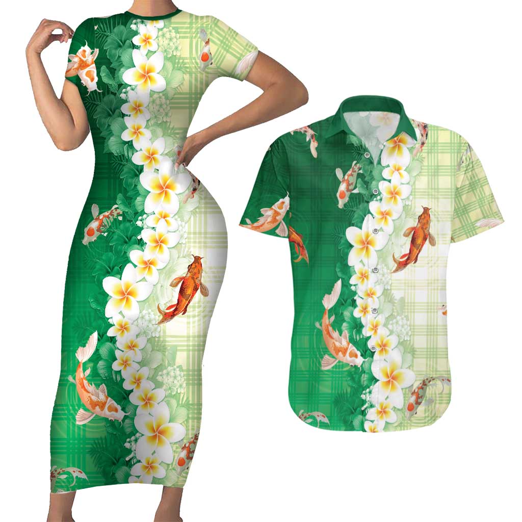 Hawaii And Japan Couples Matching Short Sleeve Bodycon Dress and Hawaiian Shirt Plumeria Lei With Koi Fish Green LT05 Green - Polynesian Pride