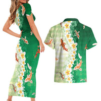 Hawaii And Japan Couples Matching Short Sleeve Bodycon Dress and Hawaiian Shirt Plumeria Lei With Koi Fish Green LT05 - Polynesian Pride