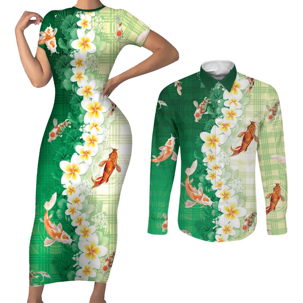 Hawaii And Japan Couples Matching Short Sleeve Bodycon Dress and Long Sleeve Button Shirt Plumeria Lei With Koi Fish Green - Polynesian Pride