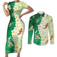 Hawaii And Japan Couples Matching Short Sleeve Bodycon Dress and Long Sleeve Button Shirt Plumeria Lei With Koi Fish Green LT05 Green - Polynesian Pride