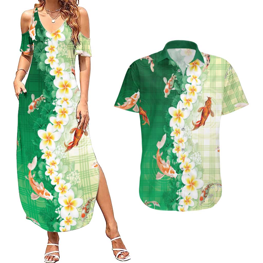 Hawaii And Japan Couples Matching Summer Maxi Dress and Hawaiian Shirt Plumeria Lei With Koi Fish Green LT05 Green - Polynesian Pride