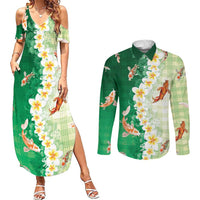 Hawaii And Japan Couples Matching Summer Maxi Dress and Long Sleeve Button Shirt Plumeria Lei With Koi Fish Green LT05 Green - Polynesian Pride