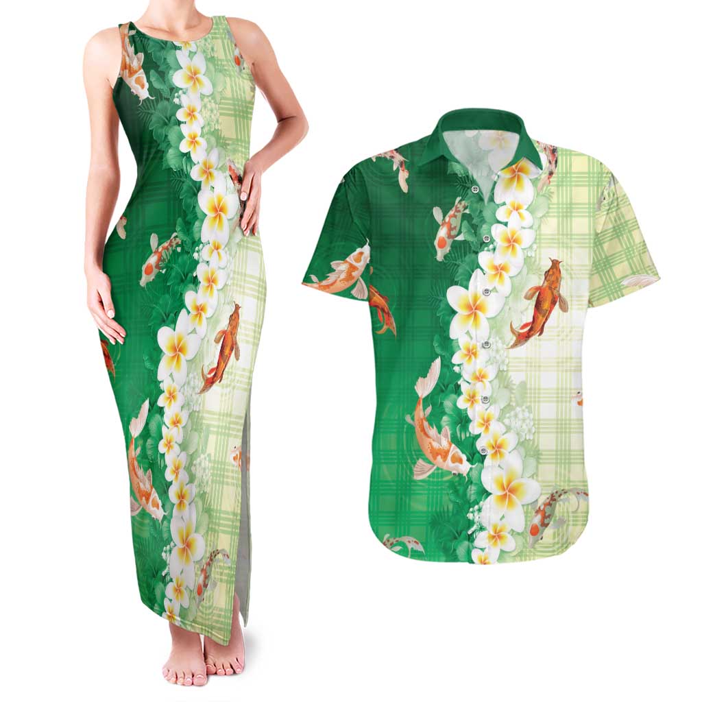 Hawaii And Japan Couples Matching Tank Maxi Dress and Hawaiian Shirt Plumeria Lei With Koi Fish Green LT05 Green - Polynesian Pride