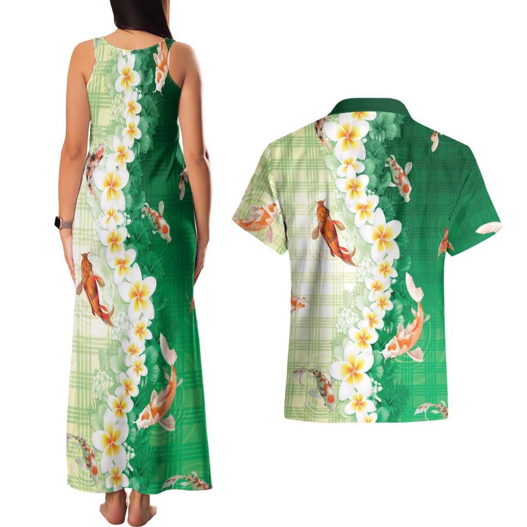Hawaii And Japan Couples Matching Tank Maxi Dress and Hawaiian Shirt Plumeria Lei With Koi Fish Green LT05 - Polynesian Pride