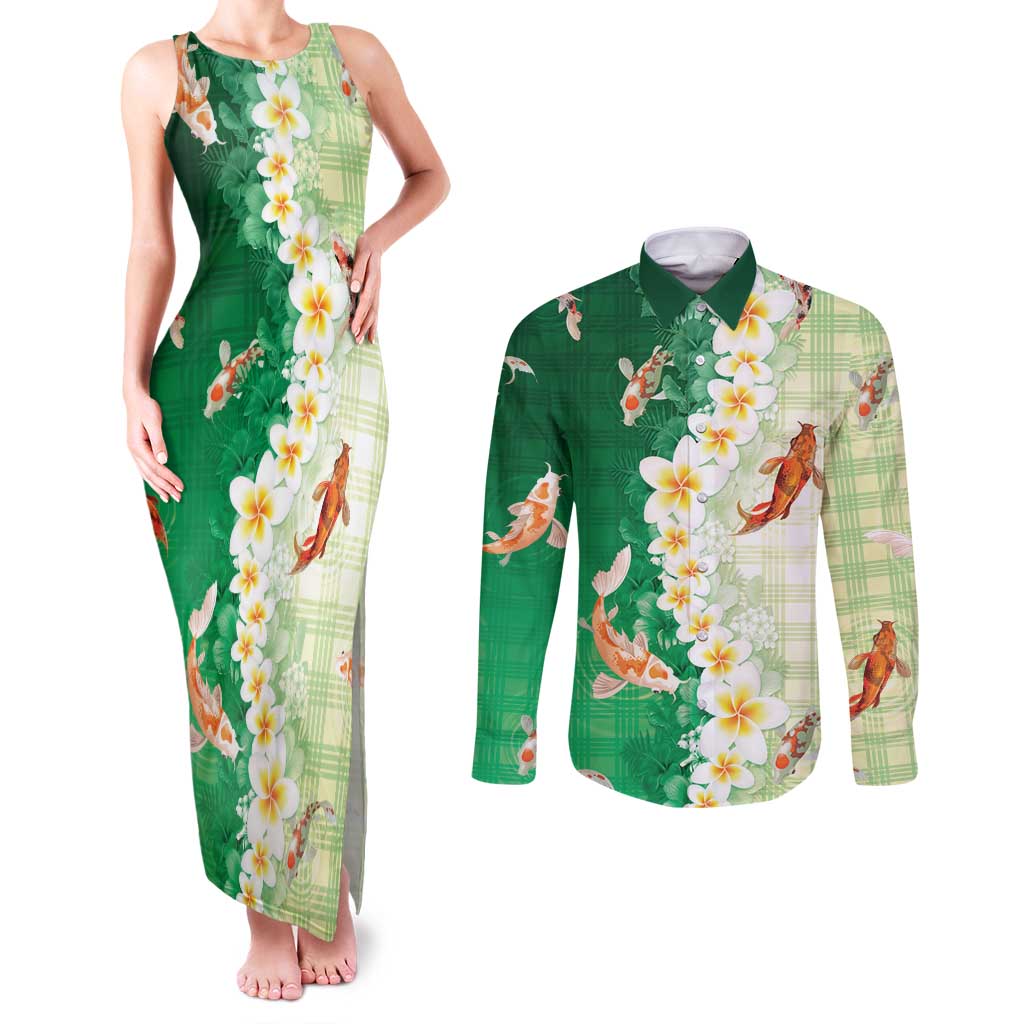 Hawaii And Japan Couples Matching Tank Maxi Dress and Long Sleeve Button Shirt Plumeria Lei With Koi Fish Green LT05 Green - Polynesian Pride