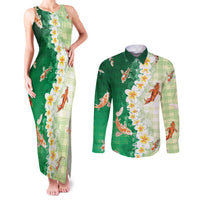 Hawaii And Japan Couples Matching Tank Maxi Dress and Long Sleeve Button Shirt Plumeria Lei With Koi Fish Green LT05 Green - Polynesian Pride