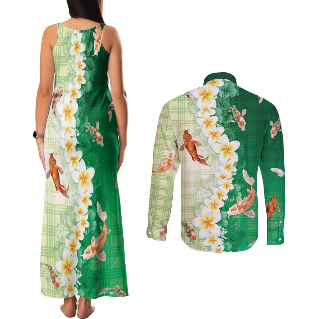 Hawaii And Japan Couples Matching Tank Maxi Dress and Long Sleeve Button Shirt Plumeria Lei With Koi Fish Green LT05 - Polynesian Pride