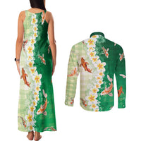 Hawaii And Japan Couples Matching Tank Maxi Dress and Long Sleeve Button Shirt Plumeria Lei With Koi Fish Green LT05 - Polynesian Pride
