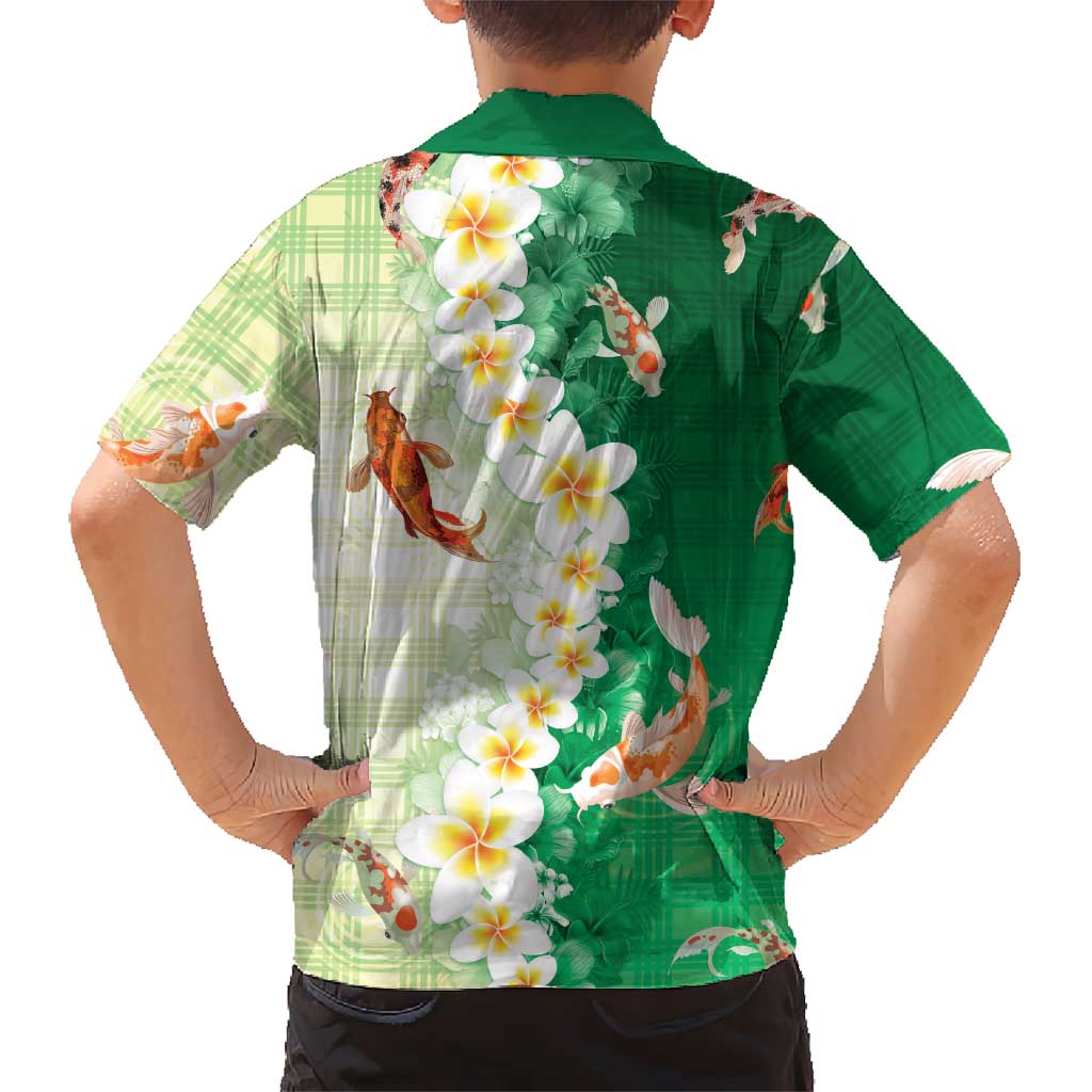 Hawaii And Japan Family Matching Long Sleeve Bodycon Dress and Hawaiian Shirt Plumeria Lei With Koi Fish Green LT05 - Polynesian Pride
