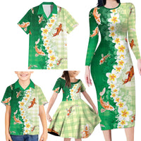 Hawaii And Japan Family Matching Long Sleeve Bodycon Dress and Hawaiian Shirt Plumeria Lei With Koi Fish Green LT05 - Polynesian Pride