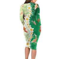 Hawaii And Japan Family Matching Long Sleeve Bodycon Dress and Hawaiian Shirt Plumeria Lei With Koi Fish Green LT05 - Polynesian Pride