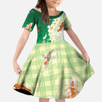 Hawaii And Japan Family Matching Off Shoulder Maxi Dress and Hawaiian Shirt Plumeria Lei With Koi Fish Green LT05 Daughter's Dress Green - Polynesian Pride