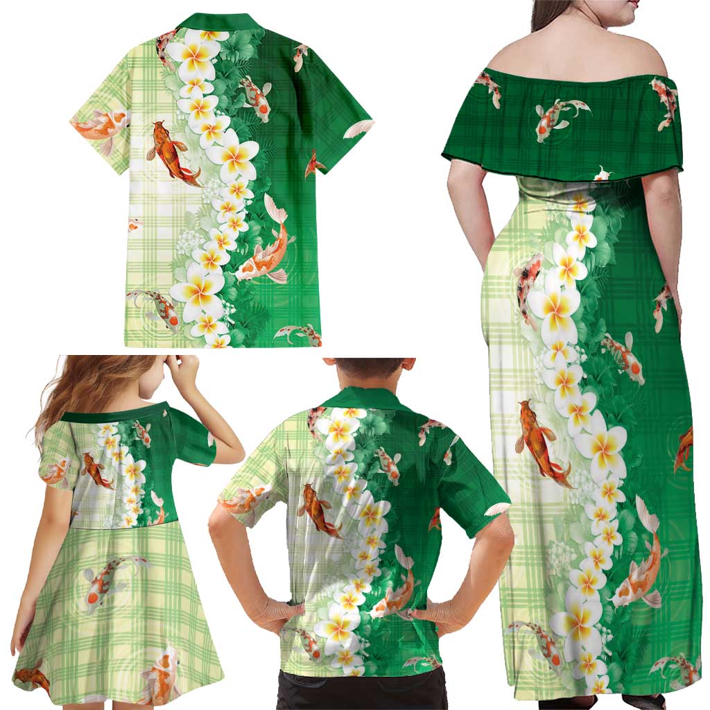 Hawaii And Japan Family Matching Off Shoulder Maxi Dress and Hawaiian Shirt Plumeria Lei With Koi Fish Green LT05 - Polynesian Pride
