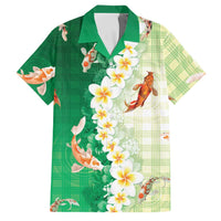 Hawaii And Japan Family Matching Off Shoulder Maxi Dress and Hawaiian Shirt Plumeria Lei With Koi Fish Green LT05 Dad's Shirt - Short Sleeve Green - Polynesian Pride