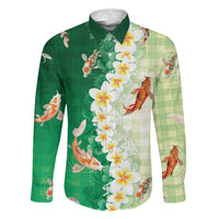 Hawaii And Japan Family Matching Off Shoulder Maxi Dress and Hawaiian Shirt Plumeria Lei With Koi Fish Green LT05 Dad's Shirt - Long Sleeve Green - Polynesian Pride