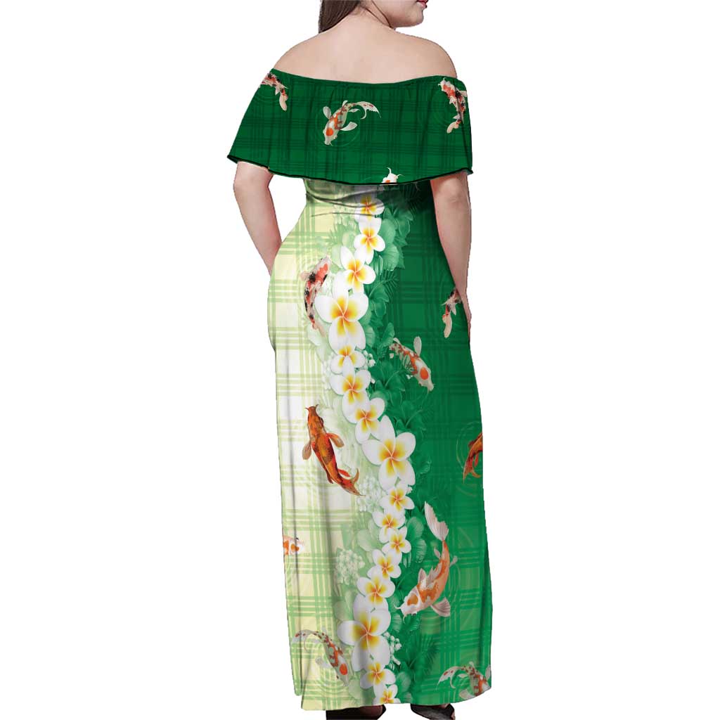 Hawaii And Japan Family Matching Off Shoulder Maxi Dress and Hawaiian Shirt Plumeria Lei With Koi Fish Green LT05 - Polynesian Pride