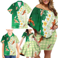 Hawaii And Japan Family Matching Off Shoulder Short Dress and Hawaiian Shirt Plumeria Lei With Koi Fish Green LT05 - Polynesian Pride