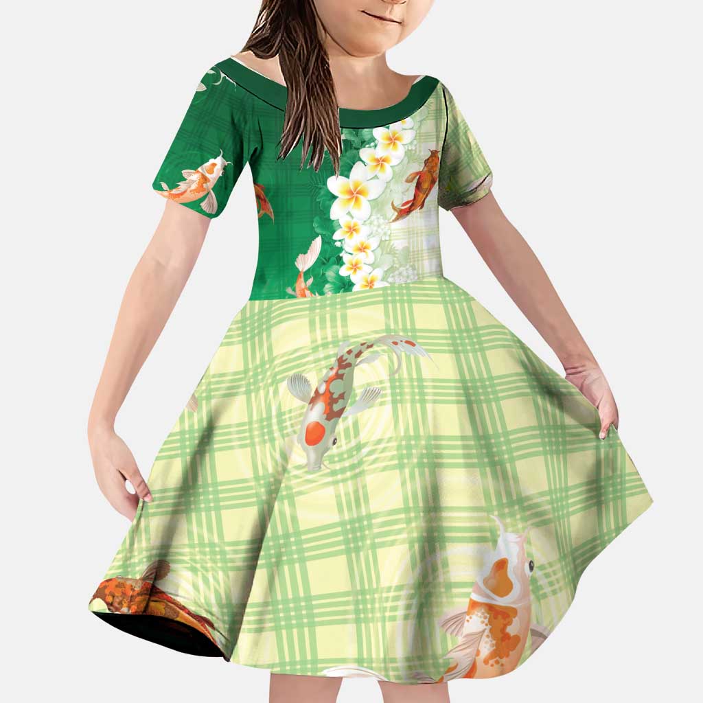 Hawaii And Japan Family Matching Short Sleeve Bodycon Dress and Hawaiian Shirt Plumeria Lei With Koi Fish Green LT05 Daughter's Dress Green - Polynesian Pride