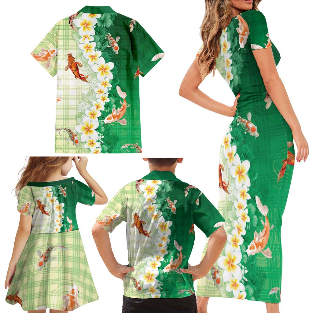 Hawaii And Japan Family Matching Short Sleeve Bodycon Dress and Hawaiian Shirt Plumeria Lei With Koi Fish Green LT05 - Polynesian Pride