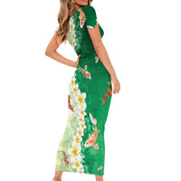 Hawaii And Japan Family Matching Short Sleeve Bodycon Dress and Hawaiian Shirt Plumeria Lei With Koi Fish Green LT05 - Polynesian Pride
