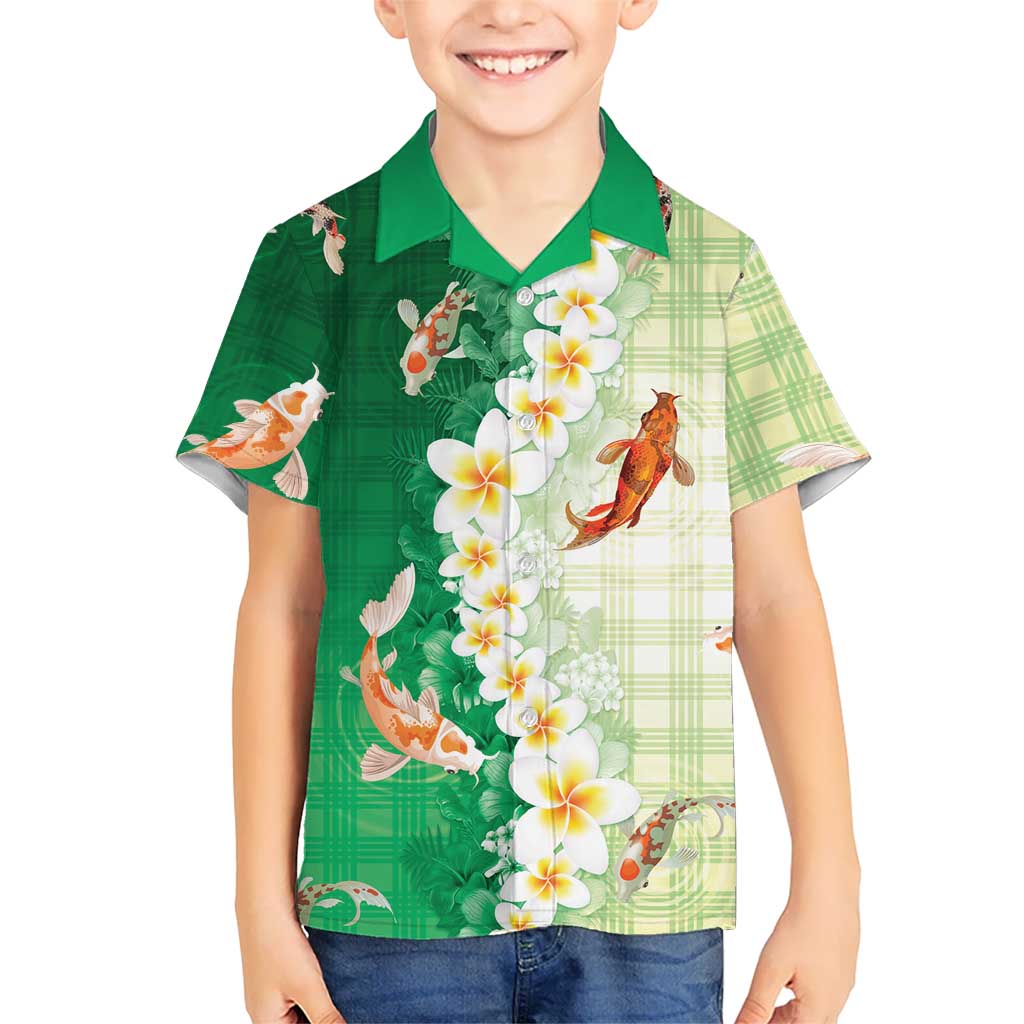 Hawaii And Japan Family Matching Short Sleeve Bodycon Dress and Hawaiian Shirt Plumeria Lei With Koi Fish Green LT05 Son's Shirt Green - Polynesian Pride