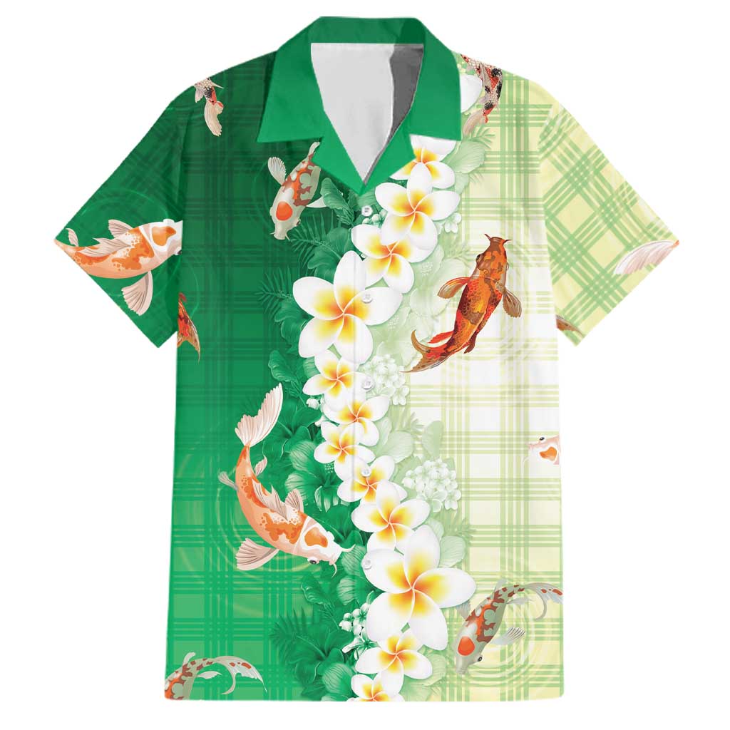 Hawaii And Japan Family Matching Tank Maxi Dress and Hawaiian Shirt Plumeria Lei With Koi Fish Green LT05 Dad's Shirt - Short Sleeve Green - Polynesian Pride