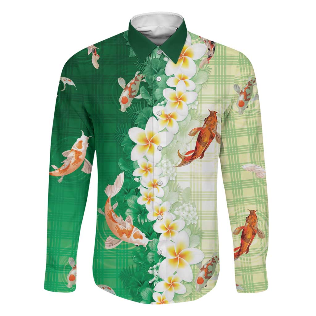 Hawaii And Japan Family Matching Tank Maxi Dress and Hawaiian Shirt Plumeria Lei With Koi Fish Green LT05 Dad's Shirt - Long Sleeve Green - Polynesian Pride