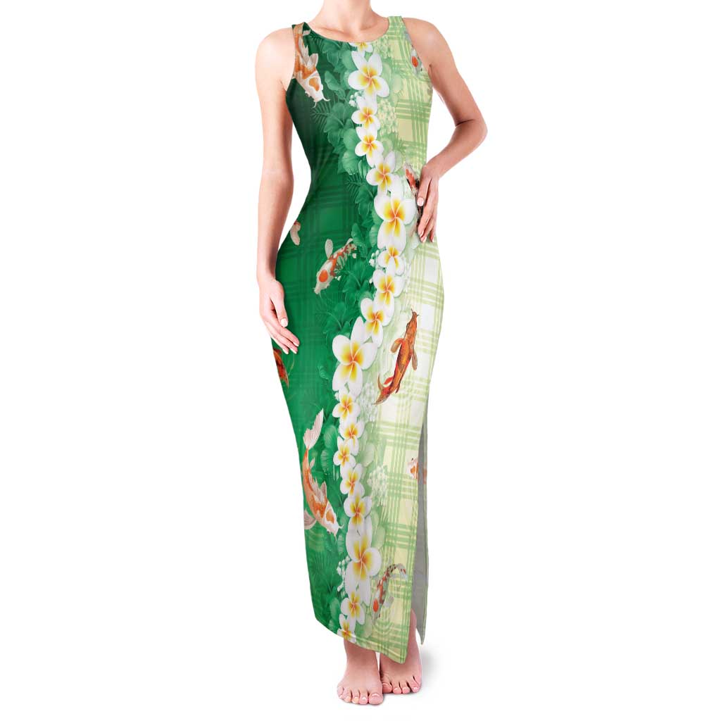Hawaii And Japan Family Matching Tank Maxi Dress and Hawaiian Shirt Plumeria Lei With Koi Fish Green LT05 Mom's Dress Green - Polynesian Pride