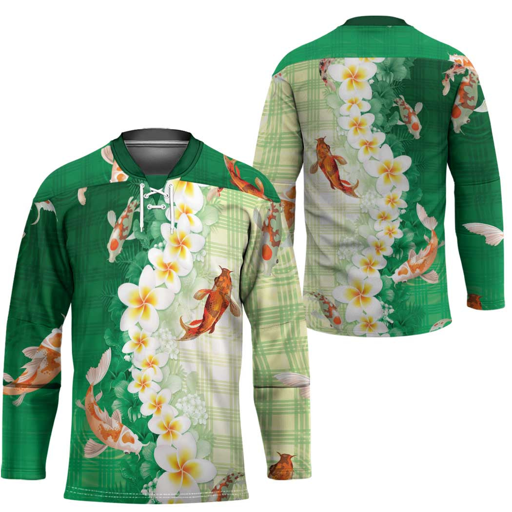 Hawaii And Japan Hockey Jersey Plumeria Lei With Koi Fish Green - Polynesian Pride