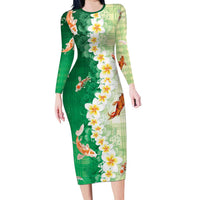 Hawaii And Japan Long Sleeve Bodycon Dress Plumeria Lei With Koi Fish Green LT05 Long Dress Green - Polynesian Pride