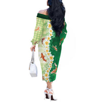 Hawaii And Japan Off The Shoulder Long Sleeve Dress Plumeria Lei With Koi Fish Green LT05 - Polynesian Pride