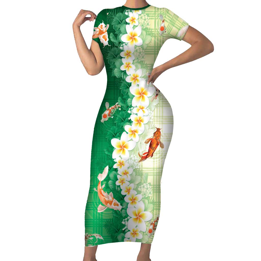 Hawaii And Japan Short Sleeve Bodycon Dress Plumeria Lei With Koi Fish Green LT05 Long Dress Green - Polynesian Pride